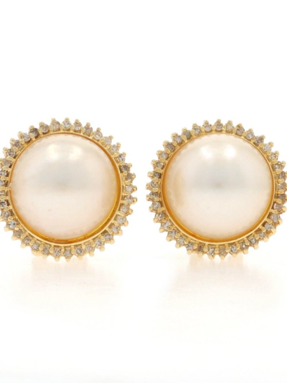Yellow Gold Cultured Mabe Pearl Diamond Halo Stud Earrings 14k Rd .72ctw Pierced